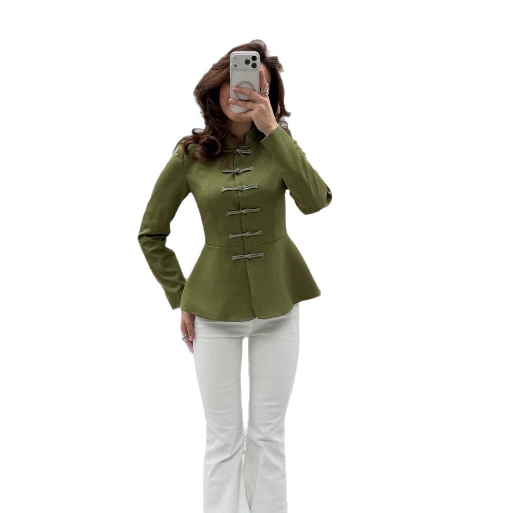 Damen Taillierte Militärinspirierte Jacke mit Stehkragen, Kordelverschlüssen und Schößchen Shop Nory