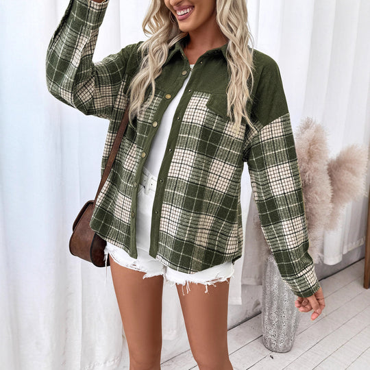 Damen Oversize-Hemdjacke im Karo mit Cordkragen und aufgesetzten Brusttaschen Shop Nory