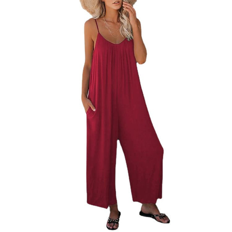 Damen Lässiger Sommer-Jumpsuit mit tiefem Ausschnitt und praktischen Taschen