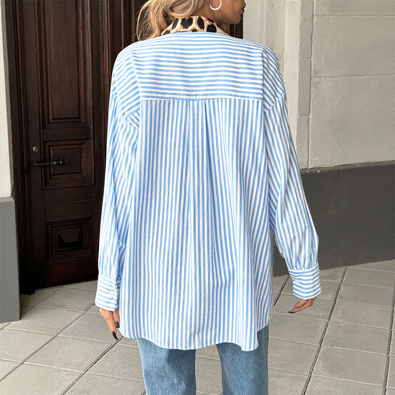 Damen Oversize-Hemdbluse mit gestreiftem Patchwork, Leopardenapplikation und Blumenprint Shop Nory
