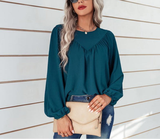 Damen Lässiges Viskose-Blusenshirt mit Rundhals und Ballonärmeln Shop Nory
