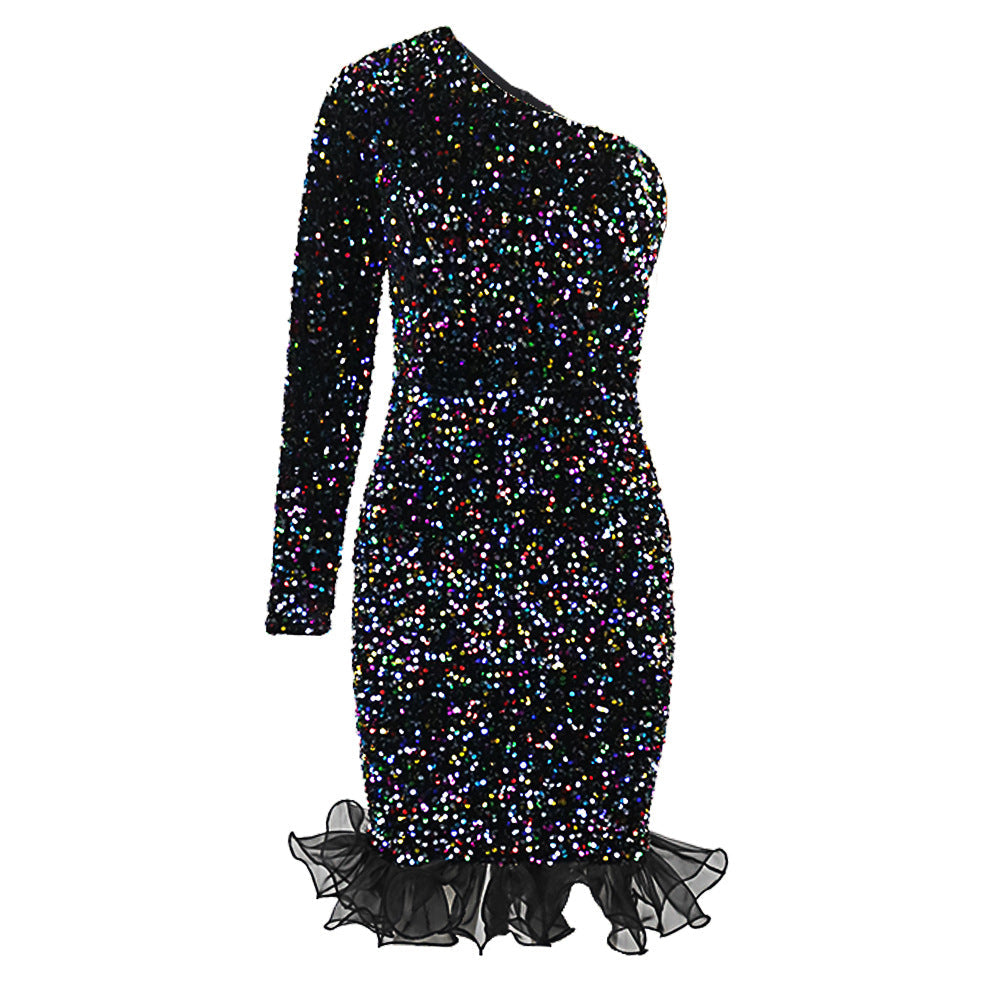 Damen Glamouröser Abendkleid mit funkelnden Pailletten und Rüschenabschluss