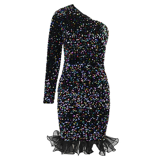 Damen Glamouröser Abendkleid mit funkelnden Pailletten und Rüschenabschluss