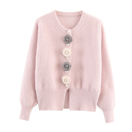 Damen stylische Strickjacke mit einzigartigen Blumenapplikationen