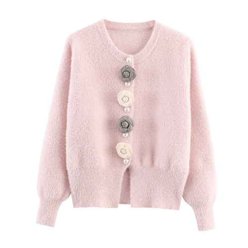 Damen stylische Strickjacke mit einzigartigen Blumenapplikationen