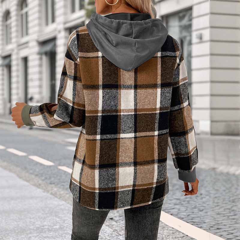 Damen Modische Kapuzenjacke mit Karomuster Shop Nory
