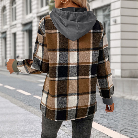 Damen Modische Kapuzenjacke mit Karomuster Shop Nory