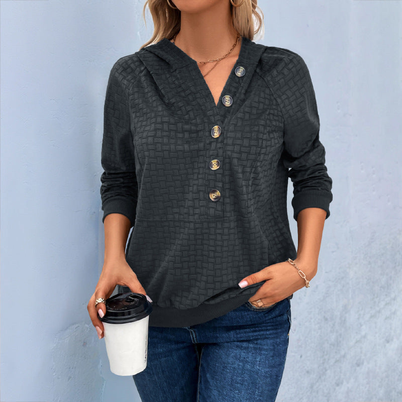Damen Texturiertes Kapuzen-Henley-Pullover mit Knopfleiste und Kängurutasche Shop Nory