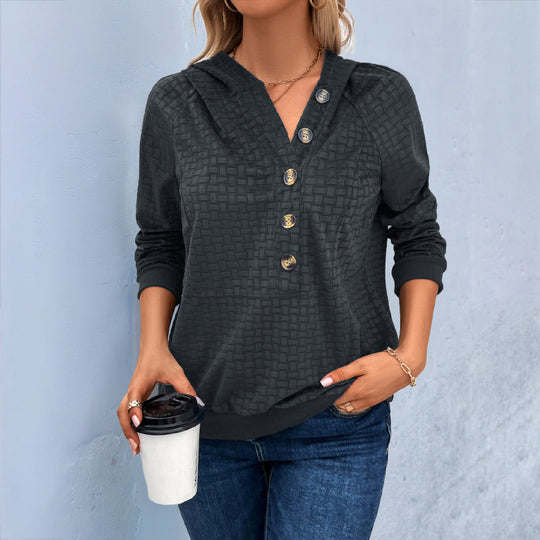 Damen Texturiertes Kapuzen-Henley-Pullover mit Knopfleiste und Kängurutasche Shop Nory