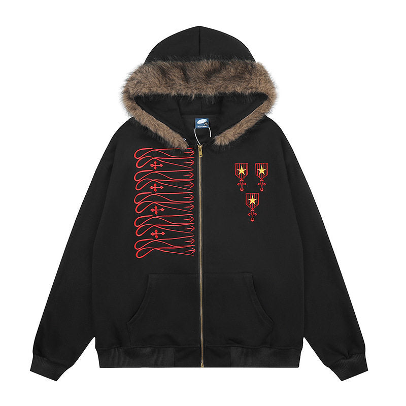Unisex Kapuzen-Sweatjacke mit kunstfellbesetzter Kapuze, Reißverschluss und gestickten Abzeichen Shop Nory