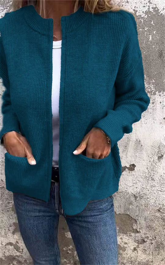 Damen Offene Strickjacke mit Rundhalsausschnitt, Eingrifftaschen und Relaxed-Fit Shop Nory