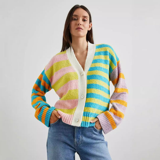 Damen lockerer gestreifter Frottee-Cardigan mit V-Ausschnitt und Knopfleiste Shop Nory