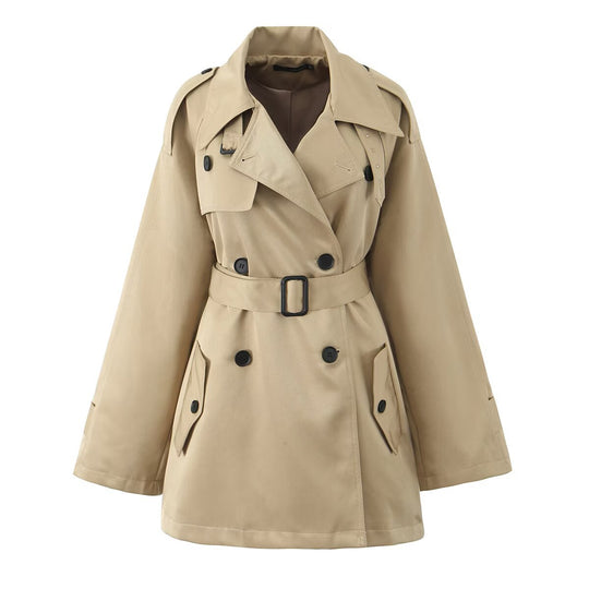 Damen Kurzer taillierter Doppelreiher-Trench mit Cape-Ärmeln und Bindegürtel Shop Nory