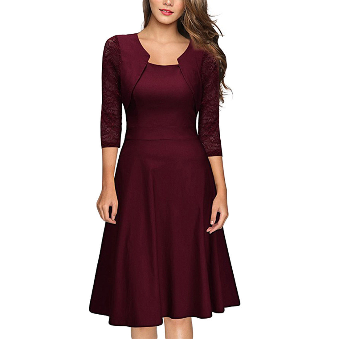 Damen Midi-Kleid mit Spitzenärmeln und schwingendem Rock
