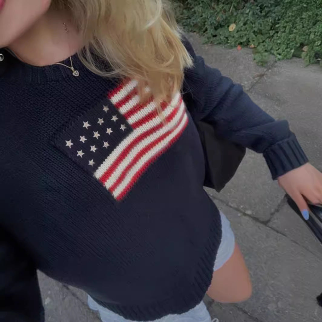 Damen Strickpullover mit amerikanischem Flaggenmotiv