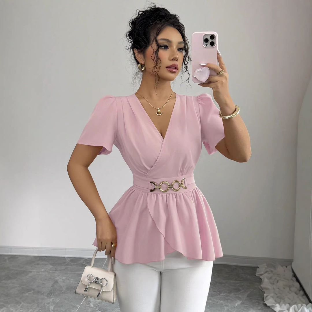 Damen Wickelbluse mit Taillen-Gürtel und asymmetrischem Volant Shop Nory