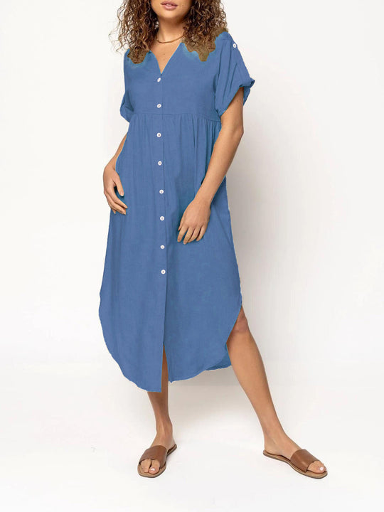 Damen Midikleid mit Knopfleiste, V‑Ausschnitt und legerer Babydoll-Passform Shop Nory