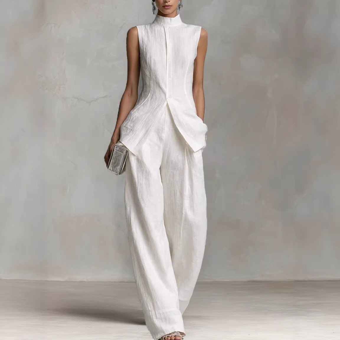Damen Eleganter suit mit hochgeschlossenem Kragen und weitem Bein