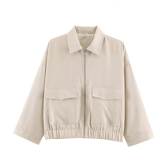 Damen Boxy Cropped Utility-Jacke mit Reißverschluss Pattentaschen und elastischem Saum Shop Nory
