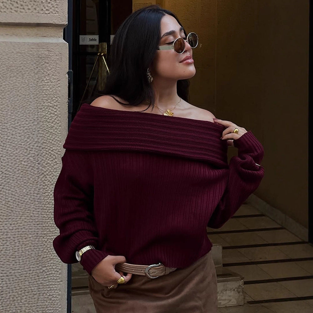 Damen Off-Shoulder Rippstrickpullover mit weitem Umschlagkragen Shop Nory