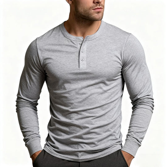Herren nan tailliertes Langarm-Henley-Shirt aus Baumwollmix mit Knopfleiste Shop Nory