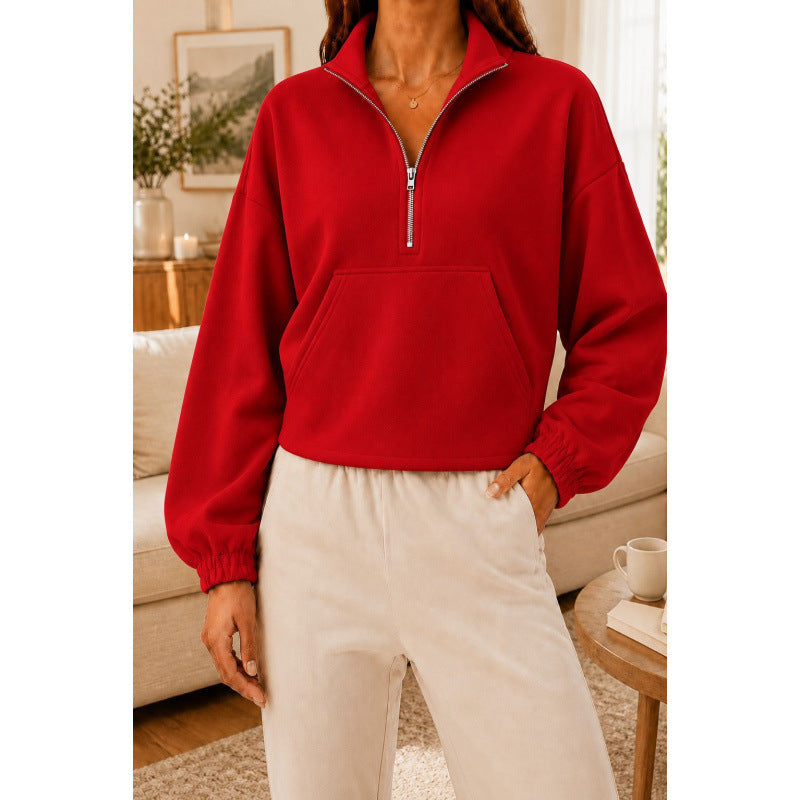 Damen Kurz geschnittener Sweatshirt-Pullover mit halbem Reißverschluss und Kängurutasche Shop Nory
