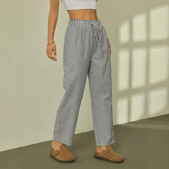 Damen Leinenoptik-Relaxhose mit High-Waist, Kordelzug und Nadelstreifen Shop Nory