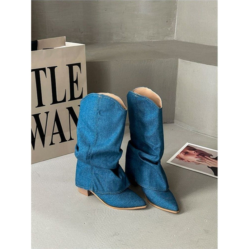 Damen Mid‑Calf Slouch‑Boots aus Denim mit spitzer Zehenpartie und mittelhohem Blockabsatz Shop Nory