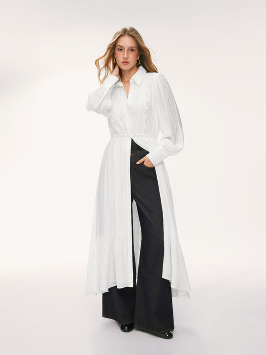 Damen Langes Hemdblusenkleid mit Spitzenbesatz, Taillierung und Stufenrock Shop Nory