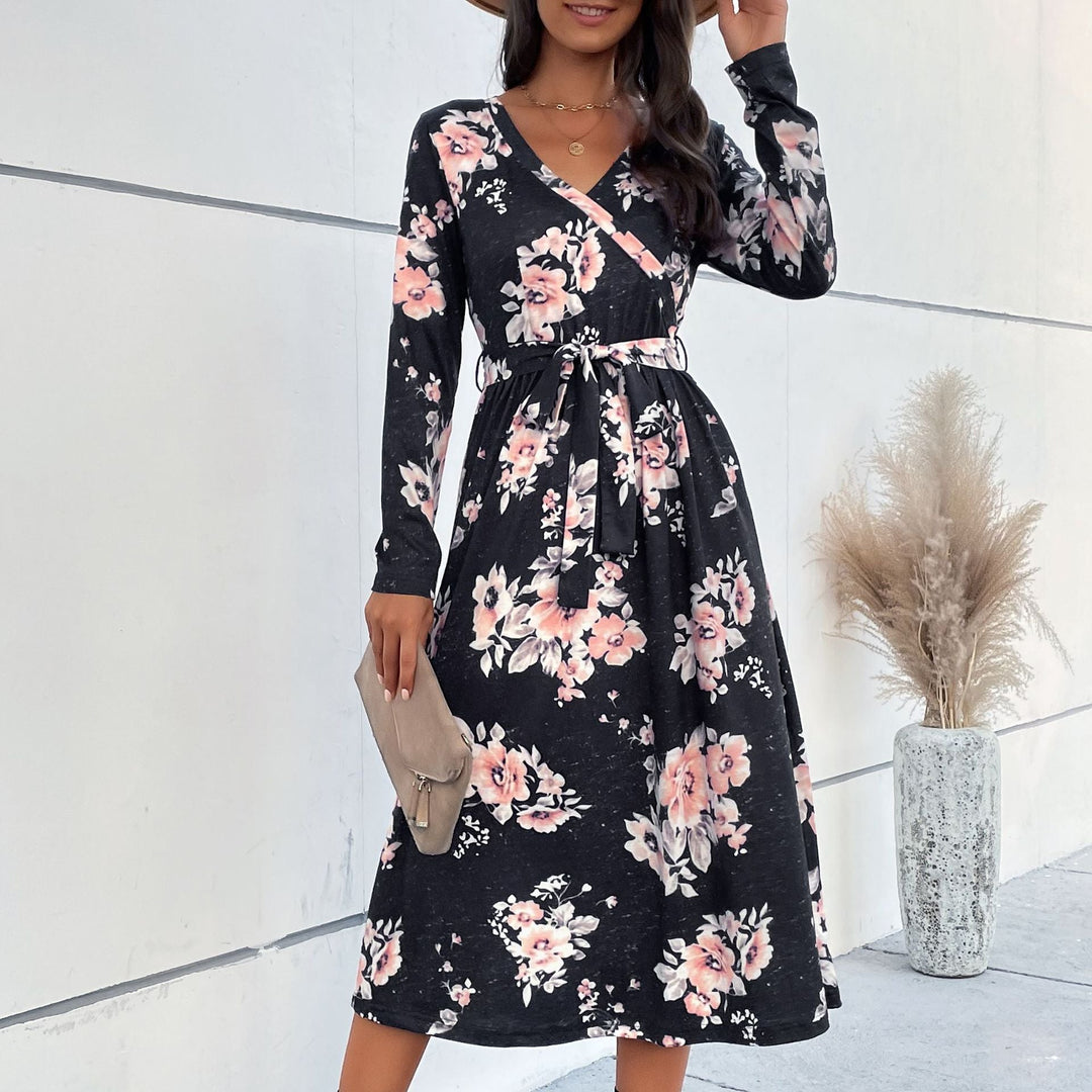 Damen Florales Wickel-Midikleid mit V-Ausschnitt, Taillengürtel und ausgestelltem Rock Shop Nory