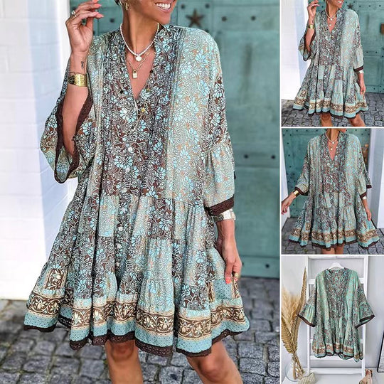 Damen nan luftiges Boho-Stufenkleid mit V-Ausschnitt weiten Fledermausärmeln und Spitzenbordüre Shopnory