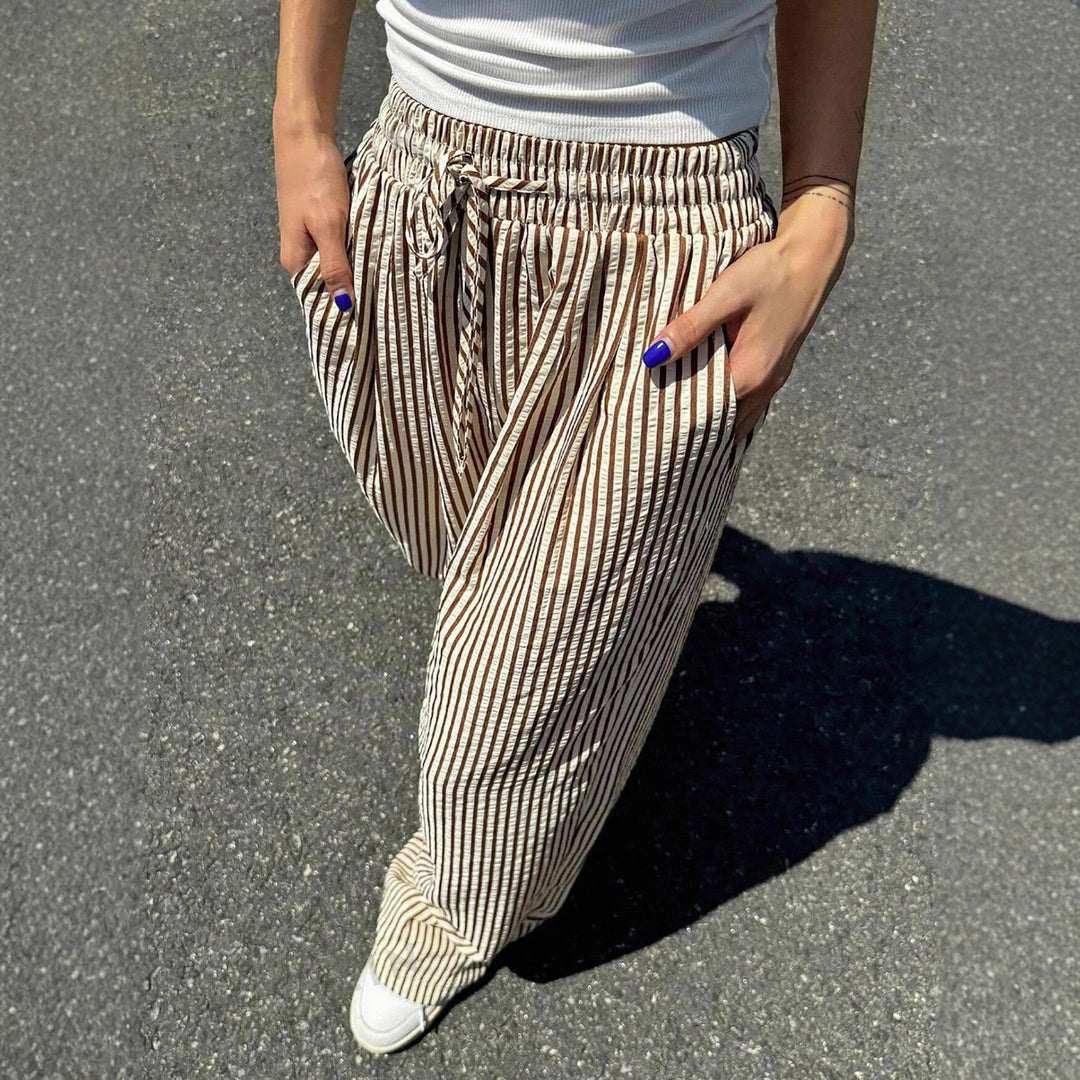 Damen Marlene-Streifenhose aus Leinenmix mit weitem Bein, Elastikbund und Kordelzug Shop Nory