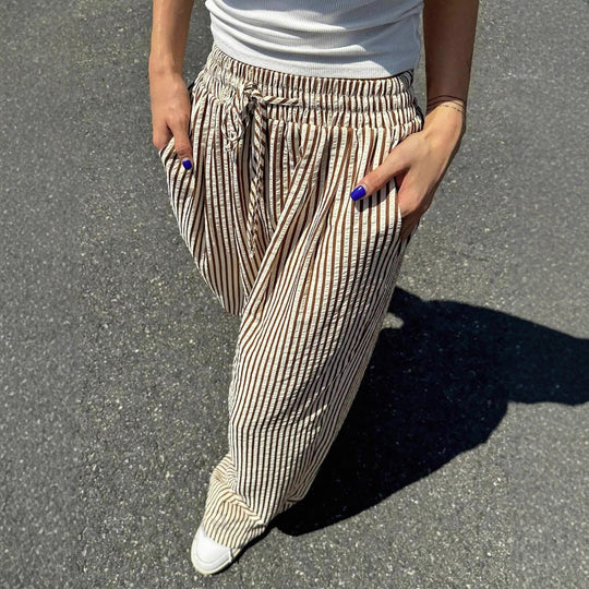 Damen Marlene-Streifenhose aus Leinenmix mit weitem Bein, Elastikbund und Kordelzug Shop Nory