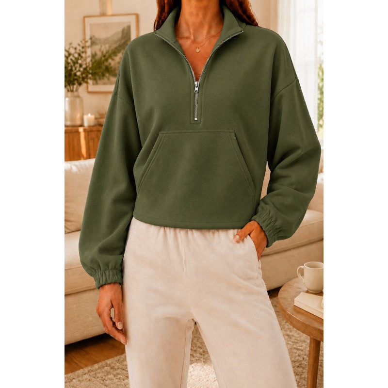 Damen Kurz geschnittener Sweatshirt-Pullover mit halbem Reißverschluss und Kängurutasche Shop Nory