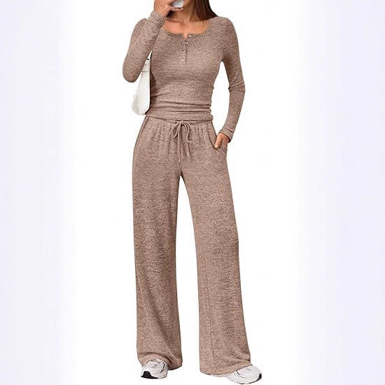 Damen Zweiteiliges Feinstrick-Lounge-Set mit Henley-Top und Palazzo-Hose Shop Nory
