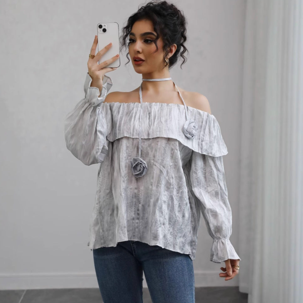 Damen Schulterfreies Crinkle-Blusentop mit Volant, Ballonärmeln und Choker Shop Nory