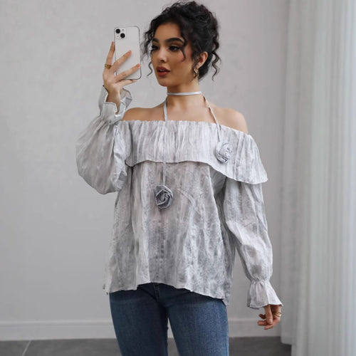 Damen Schulterfreies Crinkle-Blusentop mit Volant, Ballonärmeln und Choker Shop Nory