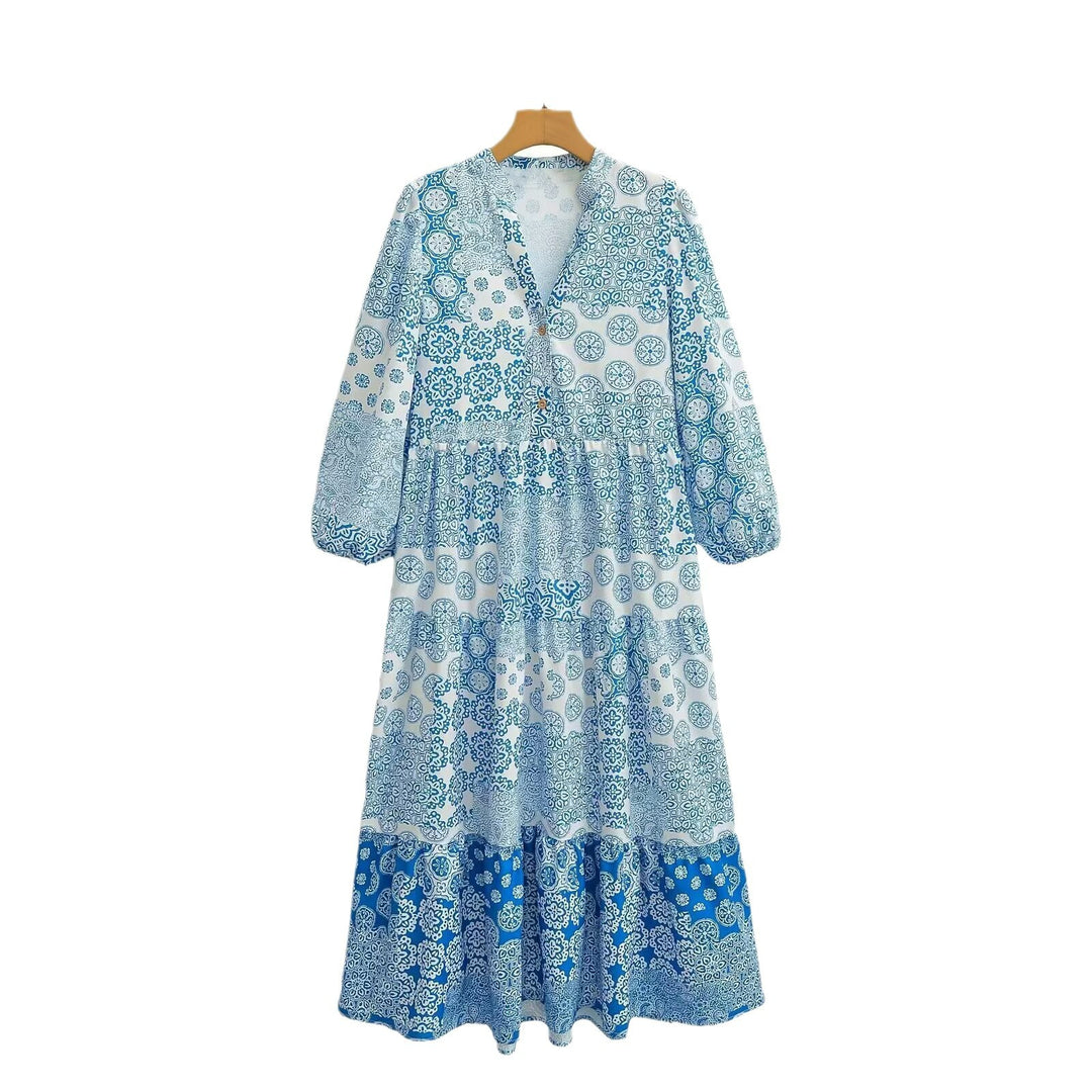 Damen Maxi‑Kleid im Patchwork‑Print mit V‑Ausschnitt, Stufenrock und 3/4‑Ärmeln Shop Nory