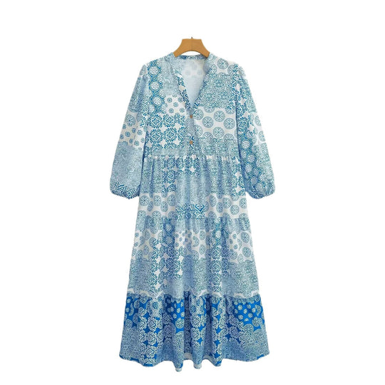Damen Maxi‑Kleid im Patchwork‑Print mit V‑Ausschnitt, Stufenrock und 3/4‑Ärmeln Shop Nory