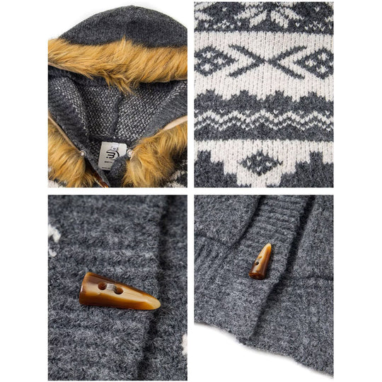 Damen Modische Strickjacke mit Kapuze und kunstfellbesetztem Kragen Shop Nory
