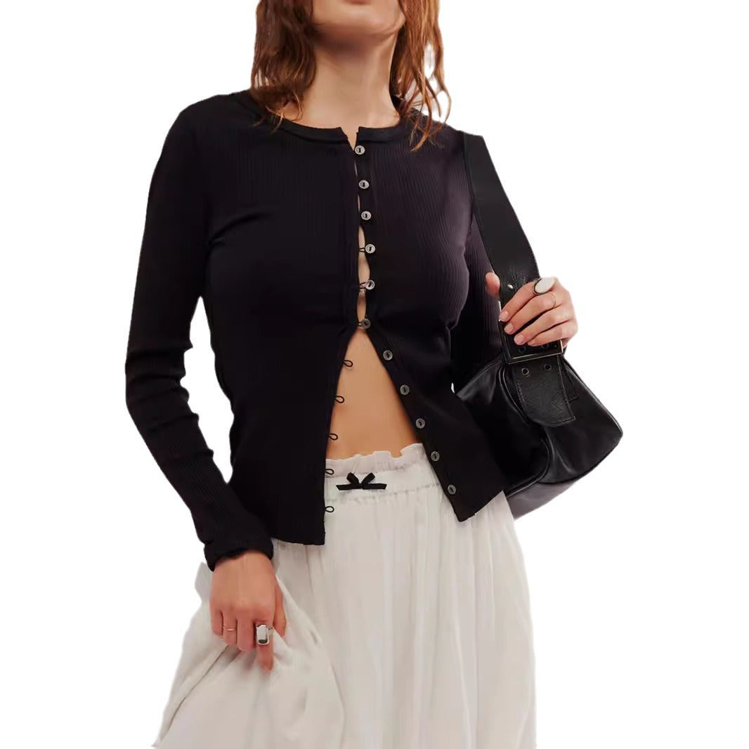 Damen gerippte taillenbetonte Knopf-Strickjacke mit Rundhals Shop Nory
