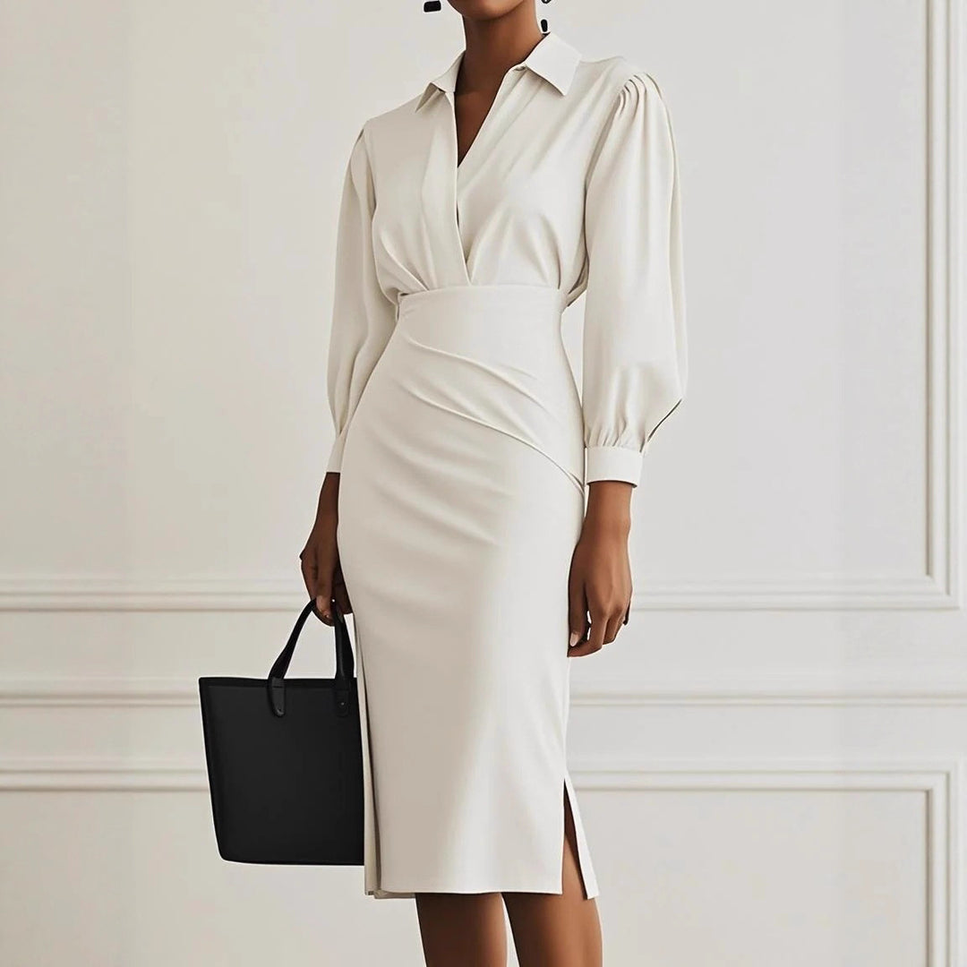 Damen Hemdblusen-Etuikleid mit V‑Wickel, Puffärmeln und taillierter Midilänge Shop Nory
