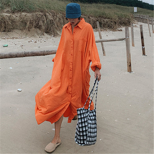 Damen Oversize-Hemdmaxikleid mit durchgehender Knopfleiste und weitem Fall Shop Nory