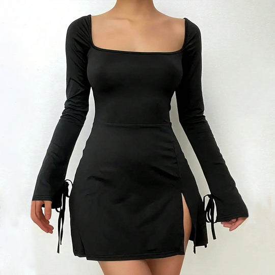 Damen figurbetontes Minikleid mit quadratischem Ausschnitt langen Ärmeln Bindbändern an den Ärmelabschlüssen und seitlichem Schlitz Shop Nory