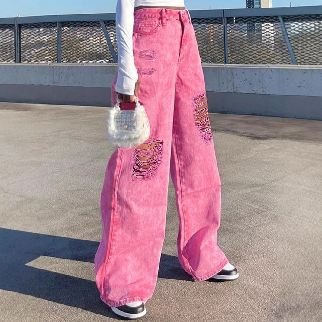 Damen Hochtaillierte weite Denim‑Palazzo‑Hose mit auffälligen Ripped‑Einsätzen Shop Nory