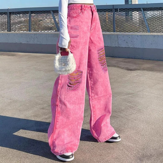 Damen Hochtaillierte weite Denim‑Palazzo‑Hose mit auffälligen Ripped‑Einsätzen Shop Nory