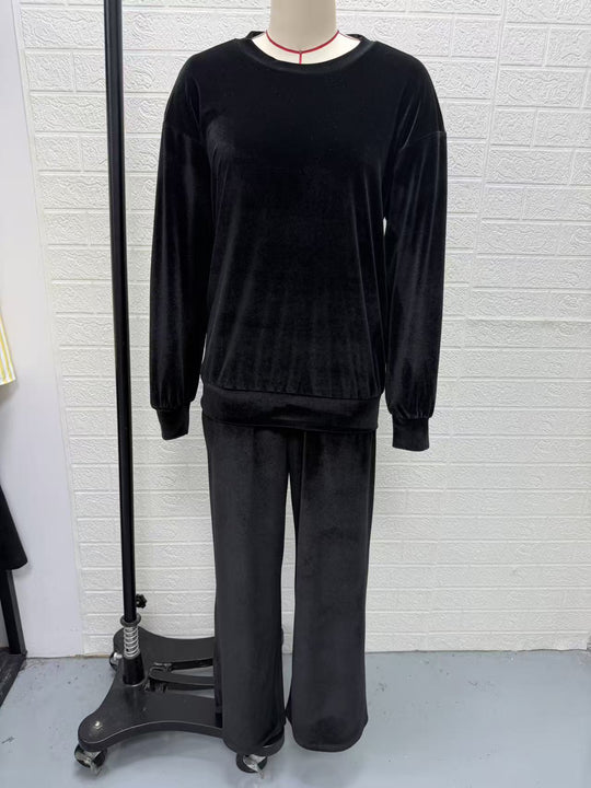 Damen Weiches Velours-Loungewear-Set mit weitem Bein und Rundhalsausschnitt Shop Nory