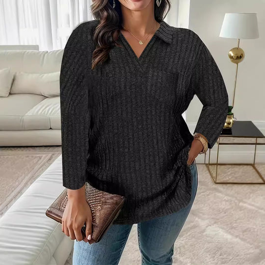 Damen Gerippter V-Ausschnitt Pullover mit Hemdkragen und lockerer Tunika-Silhouette Shop Nory