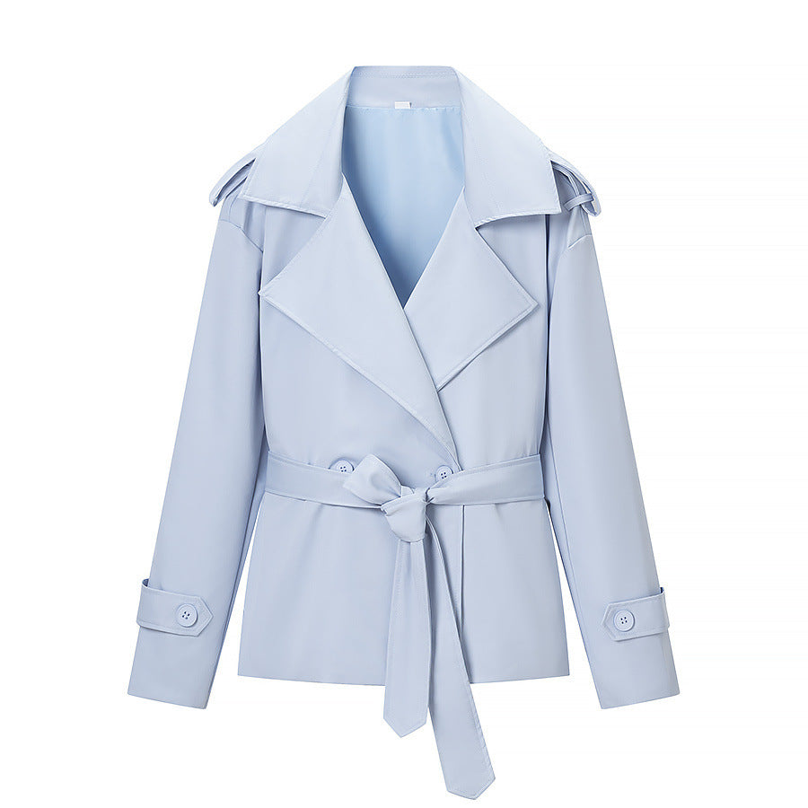 Damen Taillierter kurzer Trenchcoat mit Bindegürtel und Epauletten Shop Nory