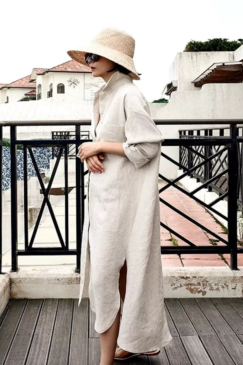 Damen Oversize-Leinen-Hemdmaxikleid mit Stehkragen, Krempelärmeln und hohen Seitenschlitzen Shop Nory